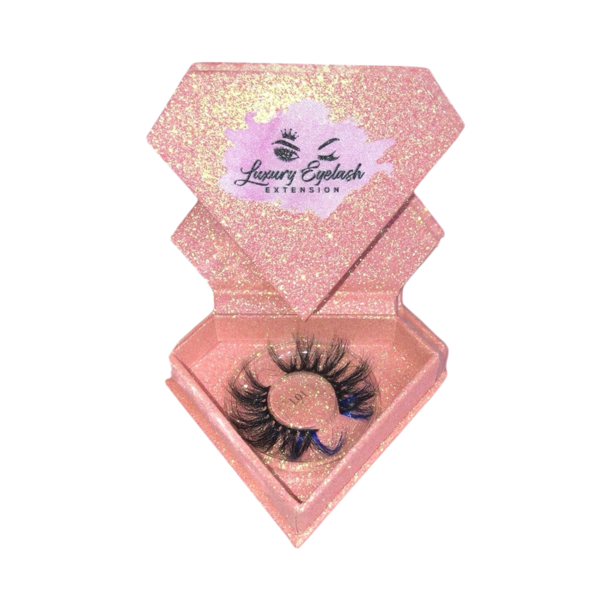 Lust lashes 25mm 3D mink eyelashes in glittery pink diamond-shaped box with two-tone design and cotton band