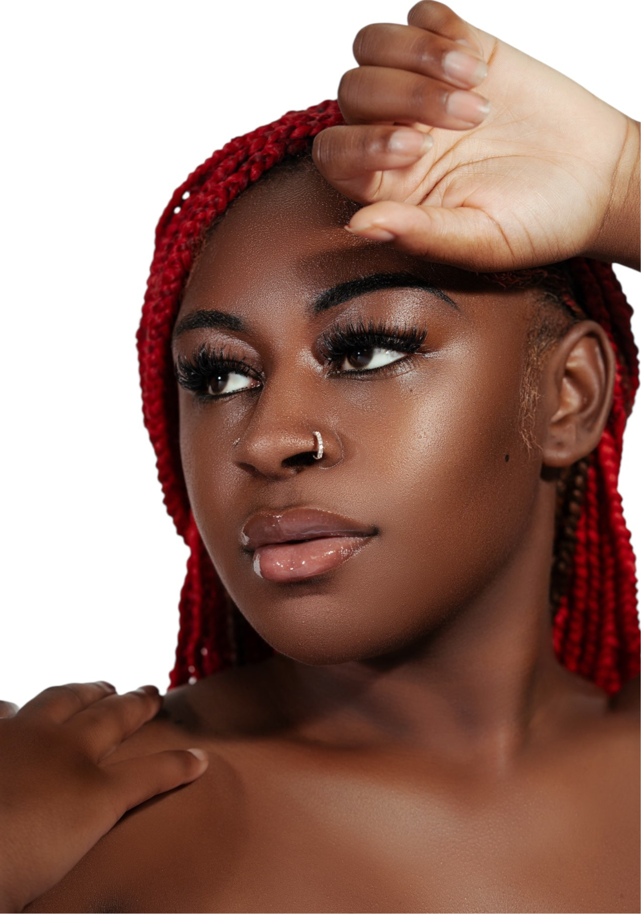 Close-up portrait of a woman with red braided hair wearing luxury mink cluster eyelash extensions Clusters DY044.