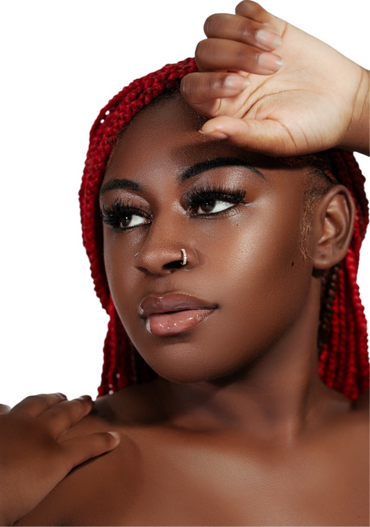Close-up portrait of a woman with red braided hair wearing luxury mink cluster eyelash extensions Clusters DY044.