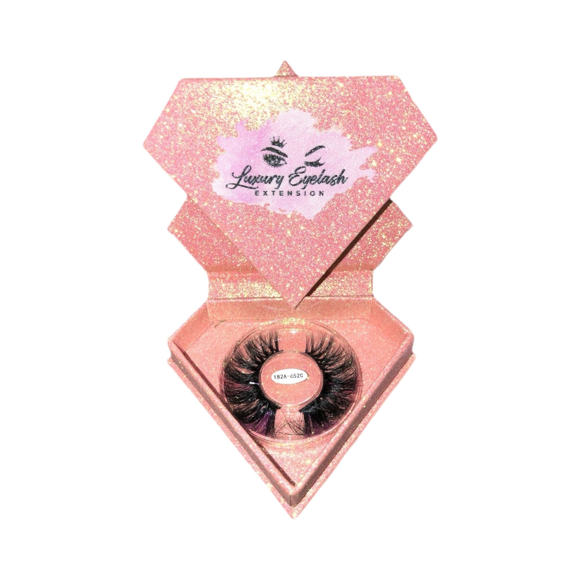 Diamond 25mm 3D two-tone mink eyelashes in a sparkly pink diamond-shaped case with luxury branding