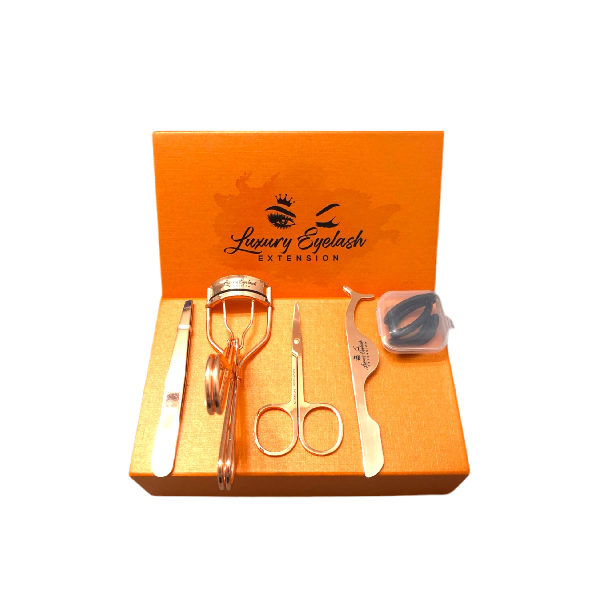 stainless steel eyelash tools set including tweezers, eyelash curler, scissors, and applicator in orange Luxury Eyelash Extension box
