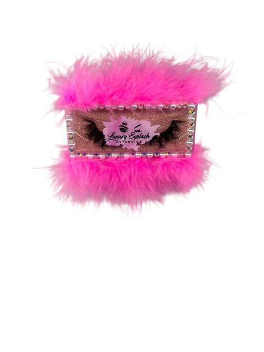 pink fluffy real mink fur lash band with natural eyelash extensions packaging