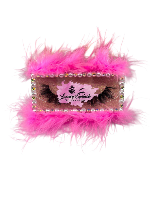 Luxury eyelash extensions with 100 real mink fur and pink fluffy feather packaging