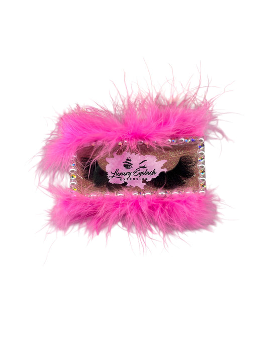 2.5cm size luxury mink fur false eyelashes with pink fluffy cotton band and rhinestone trim