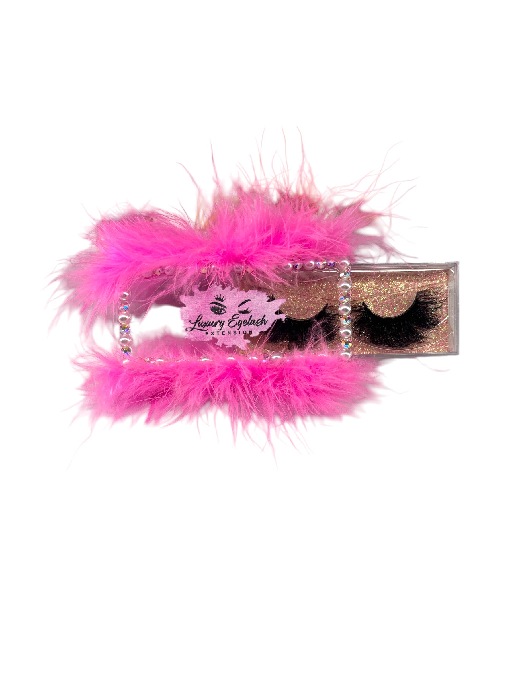 2.5cm size mink fur eyelashes with pink fluffy cotton band and rhinestone accents