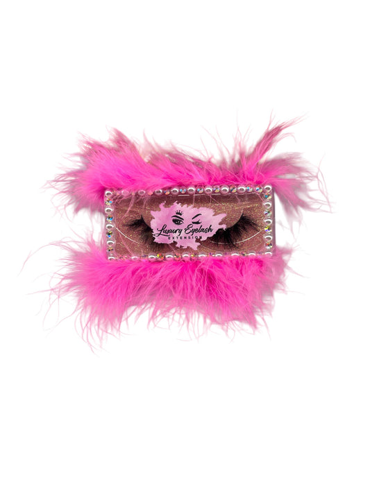 25mm real mink lashes with fluffy pink feathered packaging and rhinestone accents