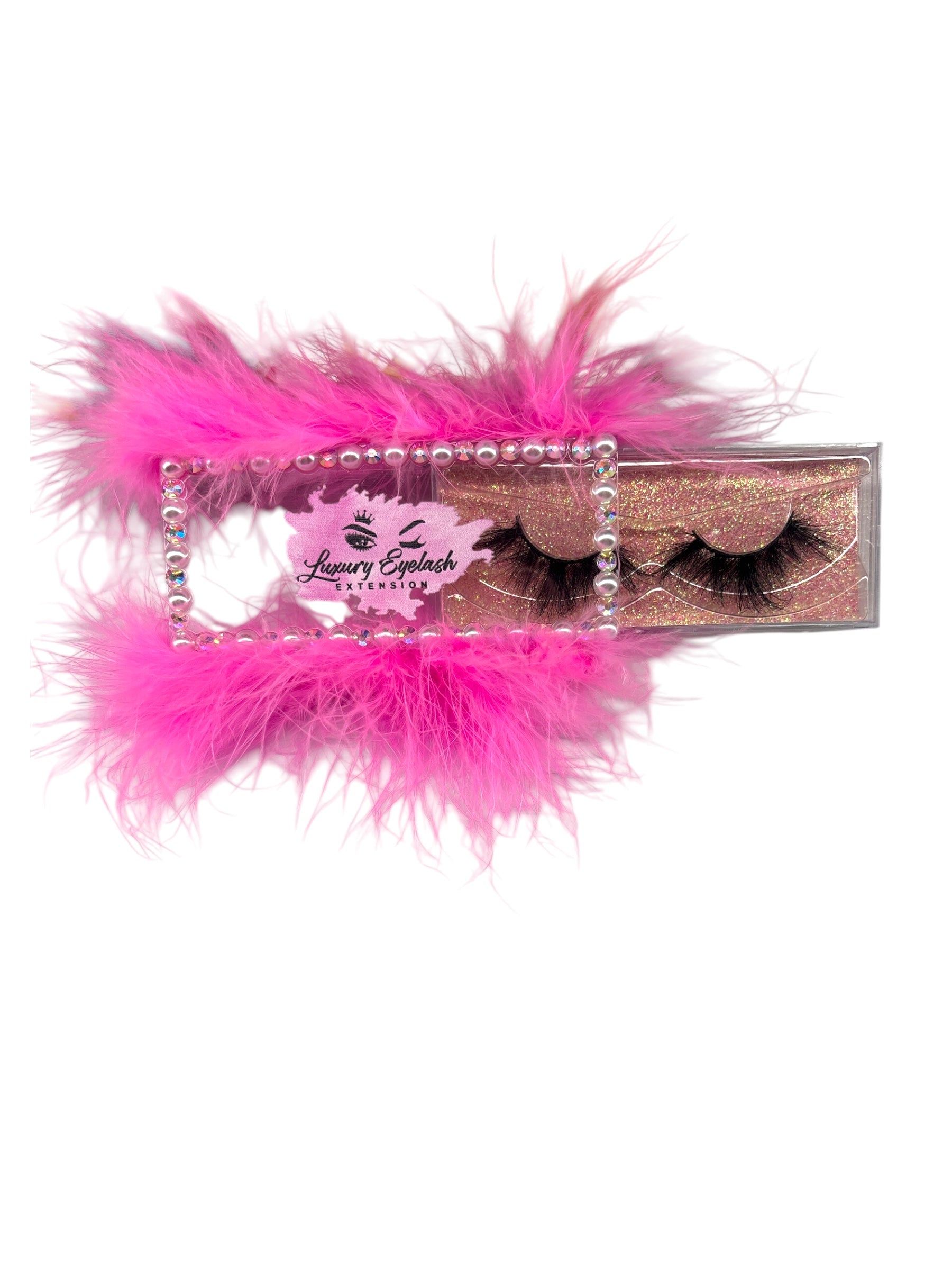 Real mink lashes with 25mm length, soft fluffy texture, and pink feathered packaging, reusable and hypoallergenic.