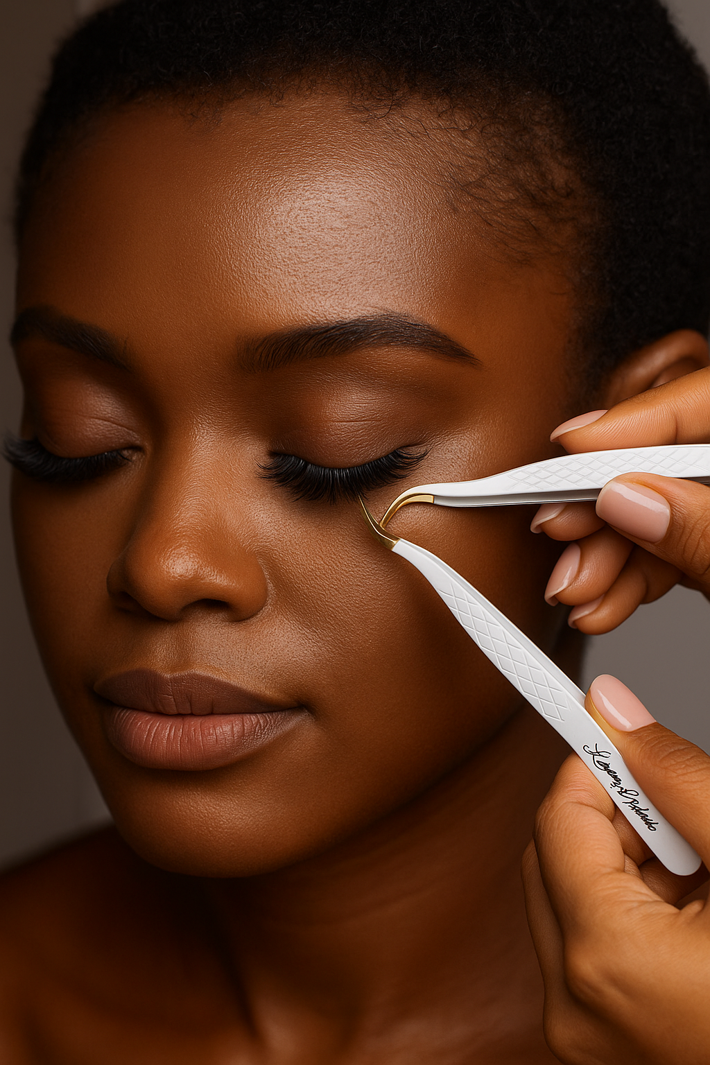 Precision tweezers applying eyelashes with ergonomic handle.