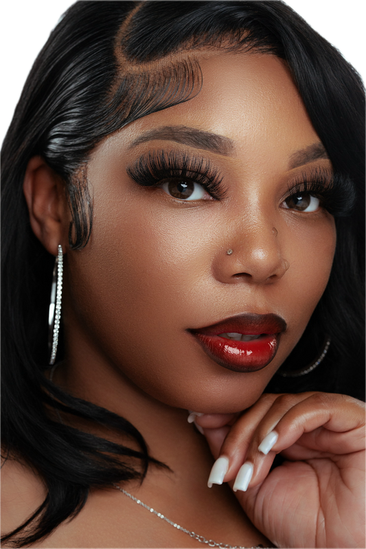 Close-up of a woman wearing hand-made long lifespan eyelashes made of 100% real mink fur with soft, voluminous, natural-looking lashes and elegant makeup.