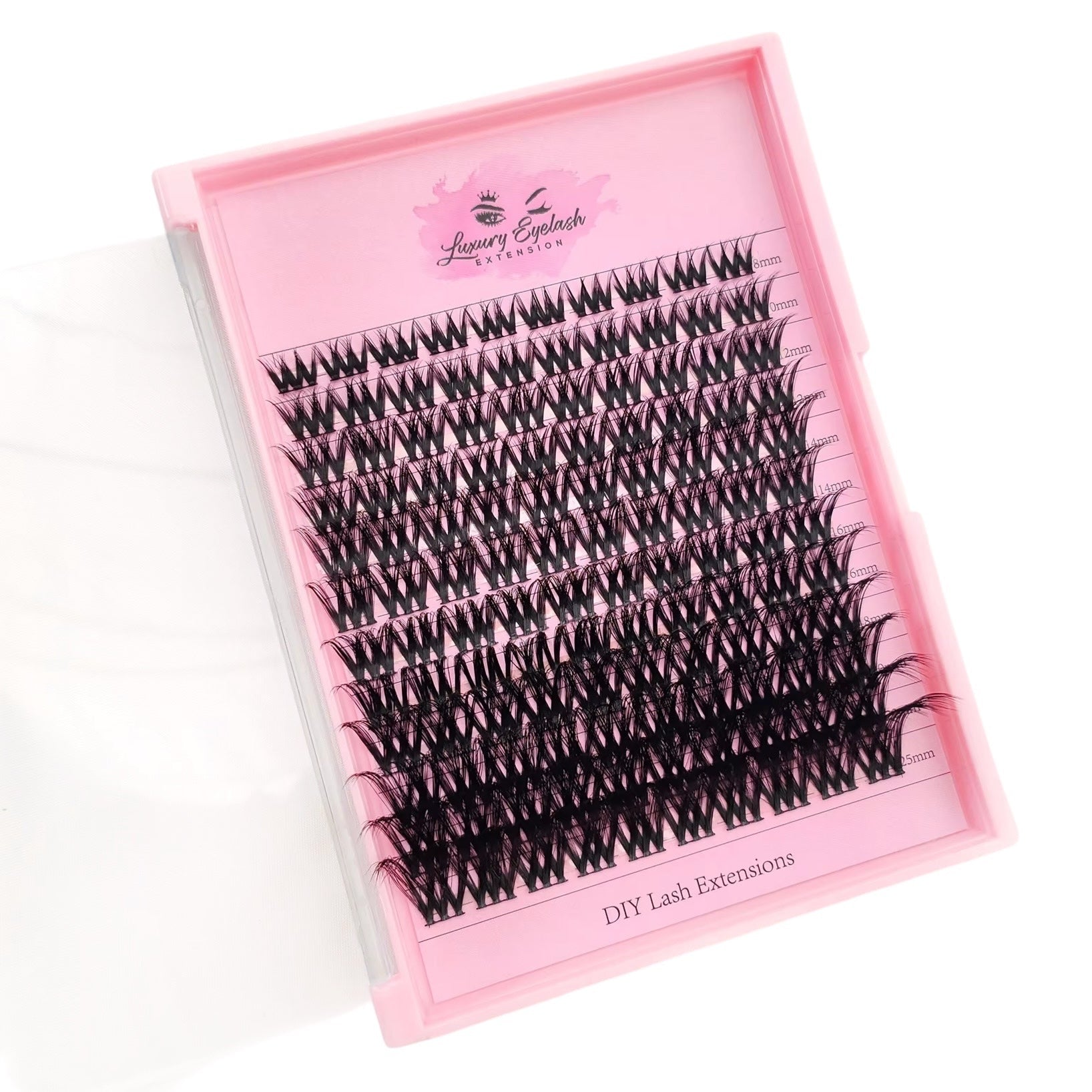 Luxury mink cluster eyelash extensions in various lengths with pink packaging, Clusters DY043