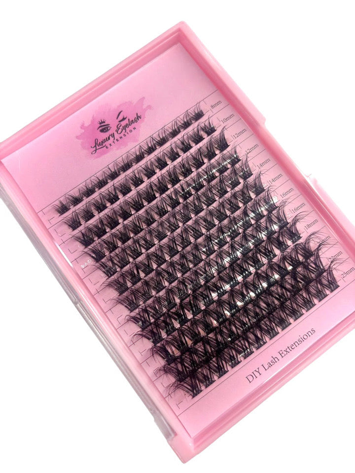 Luxury mink cluster lashes in varying lengths for DIY eyelash extensions in a pink case